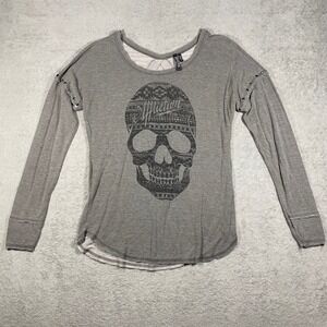 Affliction Graphic‎ Top Womens Large Grey Skull Studded Keyhole Back Long Sleeve